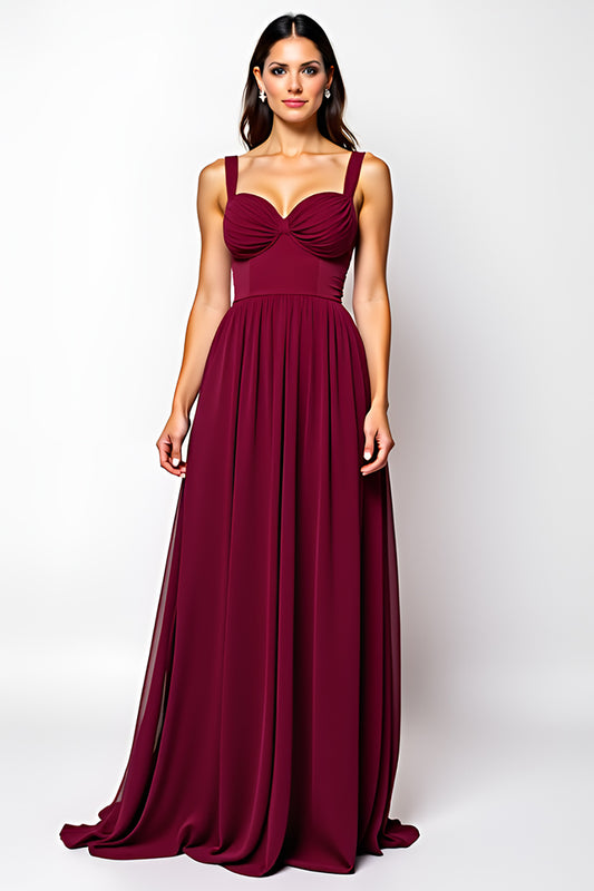 Burgundy Sweetheart Chiffon Long Wedding Guest Dress