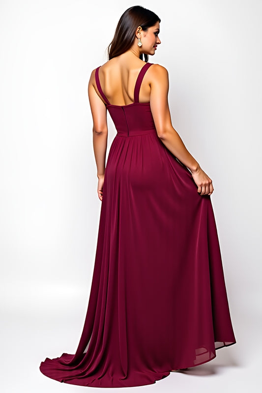 Burgundy Sweetheart Chiffon Long Wedding Guest Dress