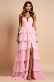 Blush Pink Spaghetti Straps Tiered Long Prom Dress With Ruffles Blush Pink Spaghetti Straps Tiered Long Prom Dress With Ruffles