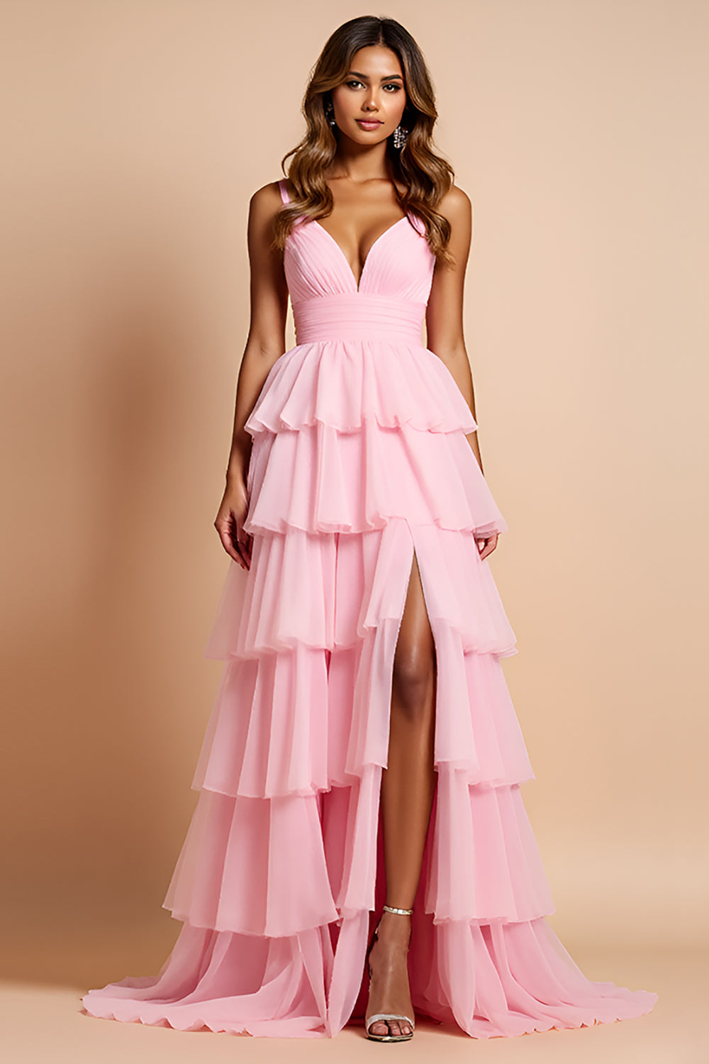 Blush Pink Spaghetti Straps Tiered Long Prom Dress With Ruffles Blush Pink Spaghetti Straps Tiered Long Prom Dress With Ruffles