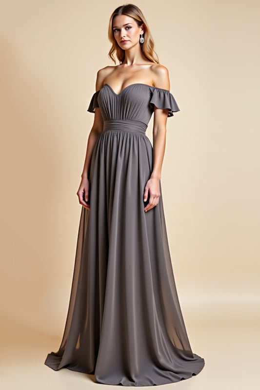 Off the Shoulder Steel Grey Chiffon Long Bridesmaid Dress