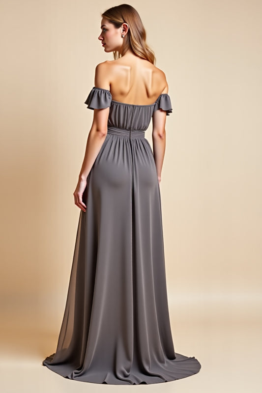 Off the Shoulder Steel Grey Chiffon Long Bridesmaid Dress