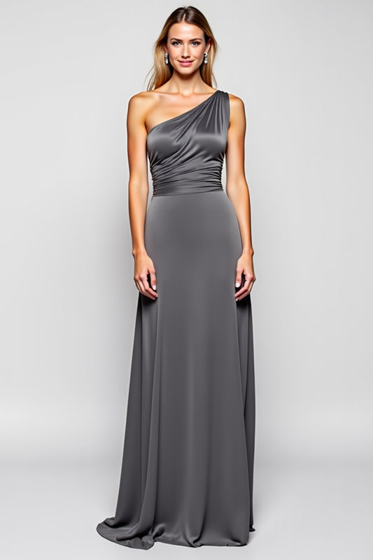 One Shoulder Steel Grey Sheath Long Bridesmaid Dress