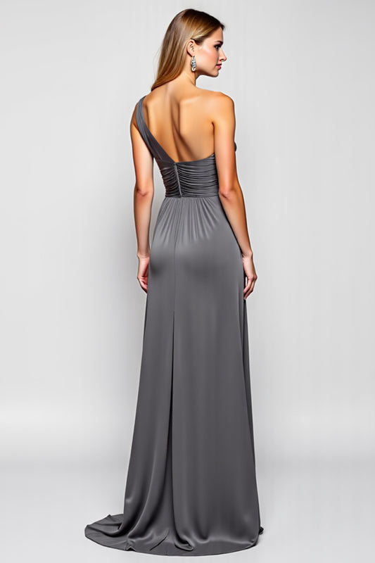 One Shoulder Steel Grey Sheath Long Bridesmaid Dress