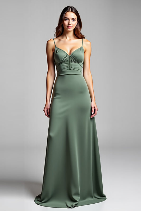 Eucalyptus Spaghetti Straps Satin Long Bridesmaid Dress