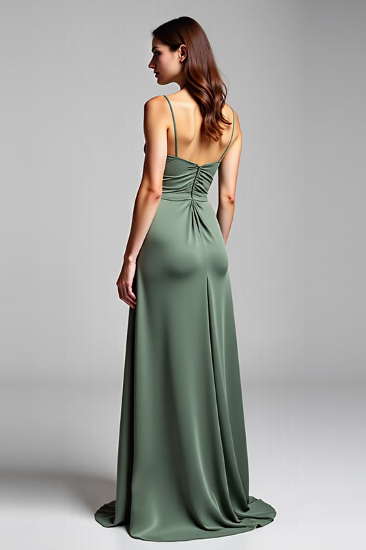Eucalyptus Spaghetti Straps Satin Long Bridesmaid Dress