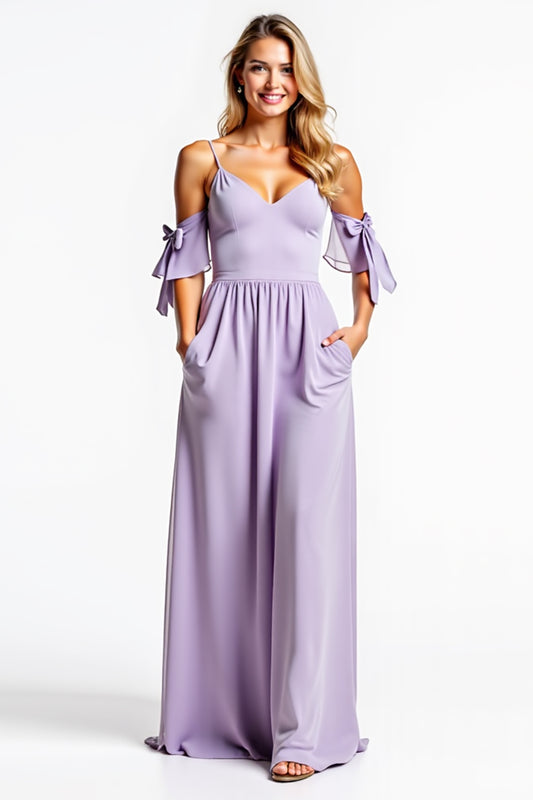 A Line Lilac V-Neck Long Bridesmaid Dress with Pockets