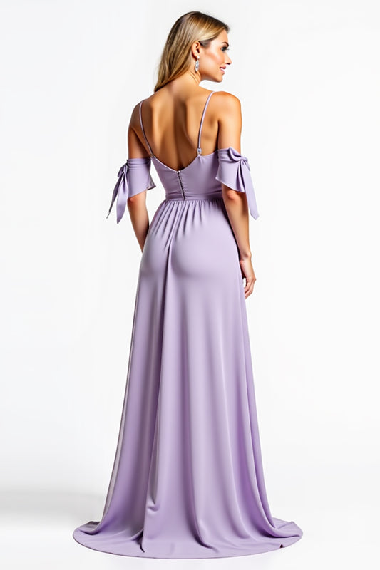 A Line Lilac V-Neck Long Bridesmaid Dress with Pockets