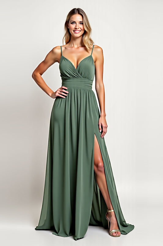Chiffon Eucalyptus A Line Long Bridesmaid Dress with Slit