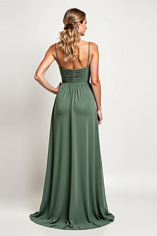 Chiffon Eucalyptus A Line Long Bridesmaid Dress with Slit