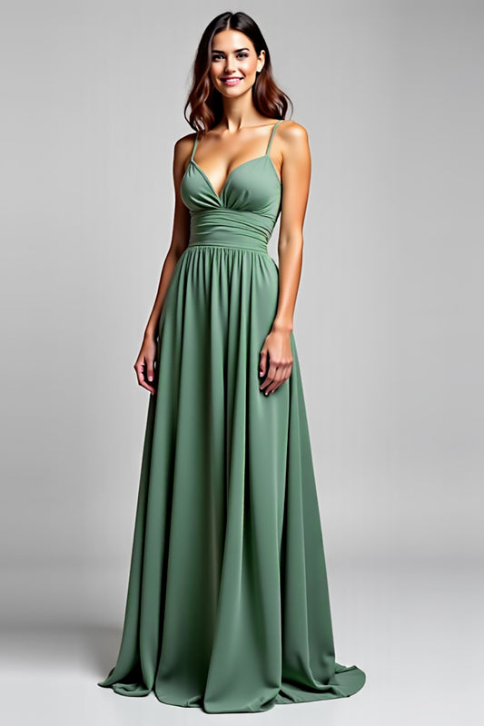 A Line Eucalyptus Ruched Long Bridesmaid Dress
