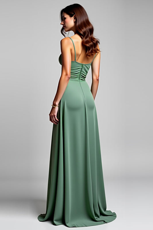 A Line Eucalyptus Ruched Long Bridesmaid Dress