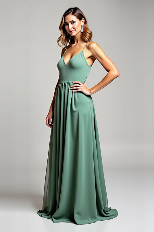 Deep V-Neck Eucalyptus Chiffon Long Bridesmaid Dress