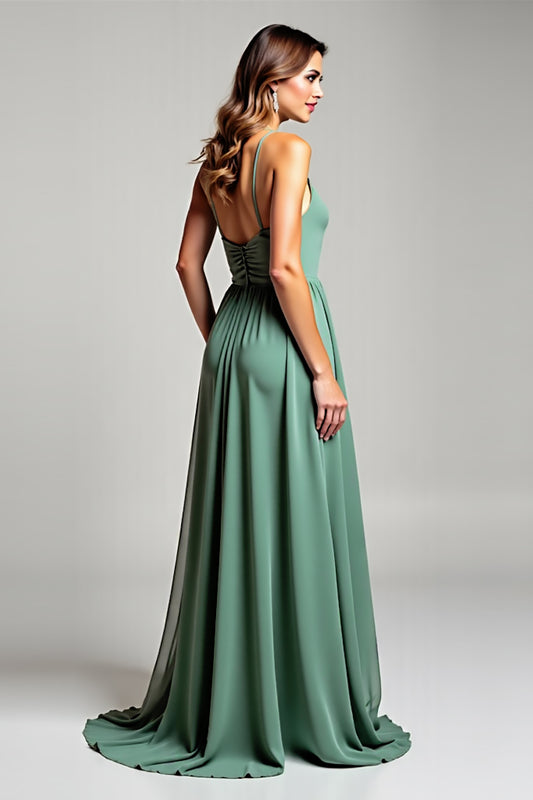 Deep V-Neck Eucalyptus Chiffon Long Bridesmaid Dress