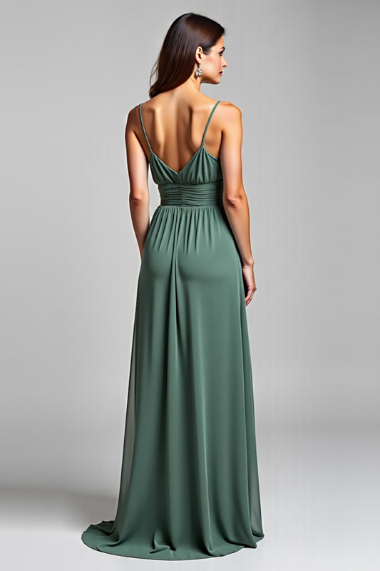 Spaghetti Straps Chiffon Eucalyptus Long Bridesmaid Dress
