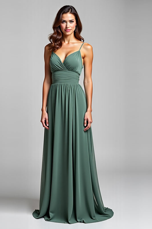 Spaghetti Straps Chiffon Eucalyptus Long Bridesmaid Dress