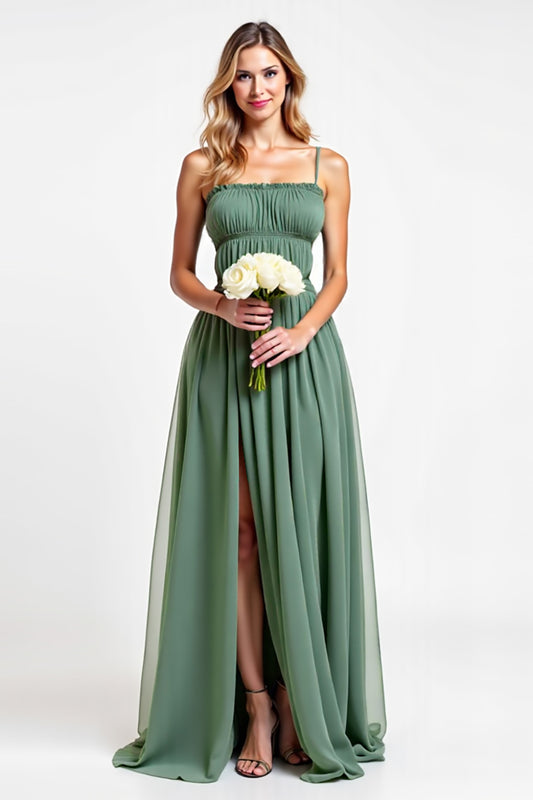 Eucalyptus Square Neck A Line Long Bridesmaid Dress with Slit