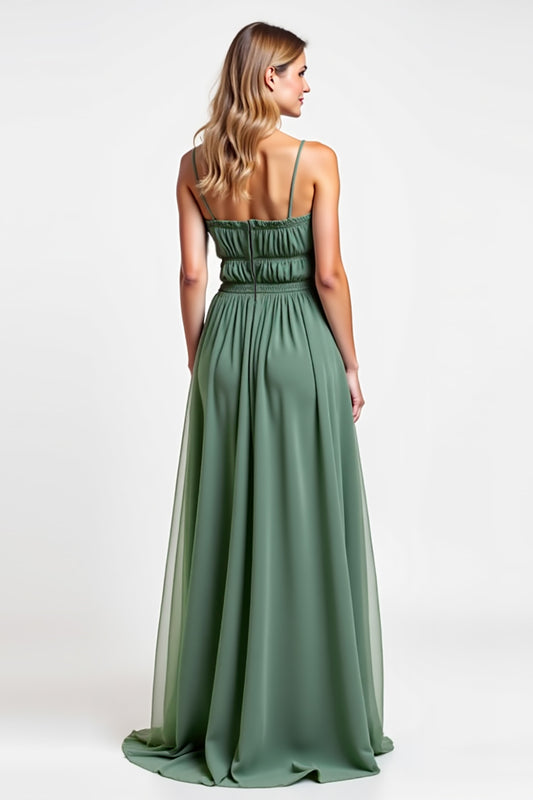 Eucalyptus Square Neck A Line Long Bridesmaid Dress with Slit