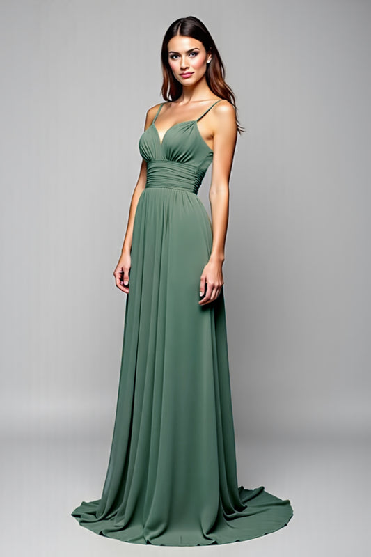 A Line Eucalyptus Backless Long Bridesmaid Dress