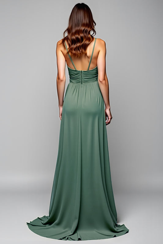A Line Eucalyptus Backless Long Bridesmaid Dress