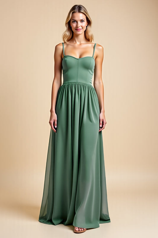 A Line Chiffon Eucalyptus Long Bridesmaid Dress