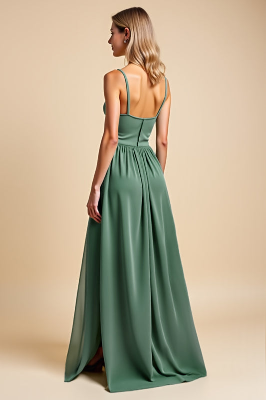A Line Chiffon Eucalyptus Long Bridesmaid Dress