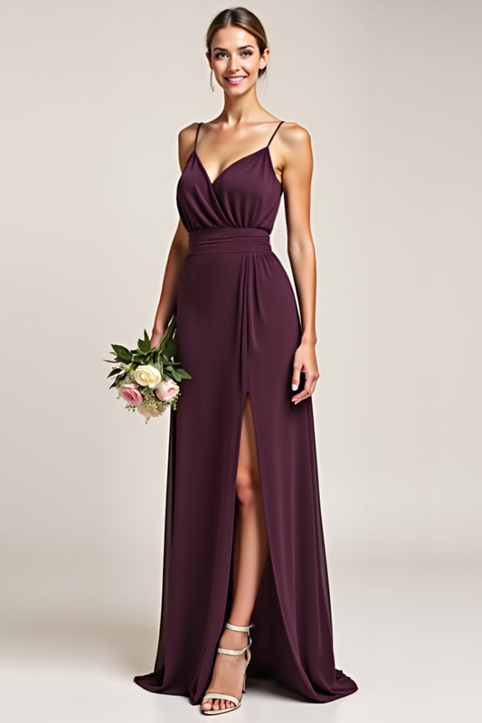 Purple A Line Backless Long Bridesmaid Dress with Slit