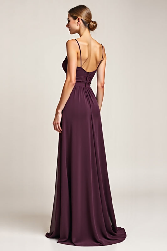 Purple A Line Backless Long Bridesmaid Dress with Slit