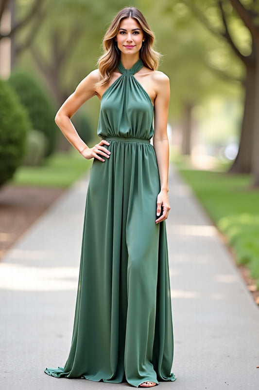 Halter Eucalyptus Chiffon Long Bridesmaid Dress