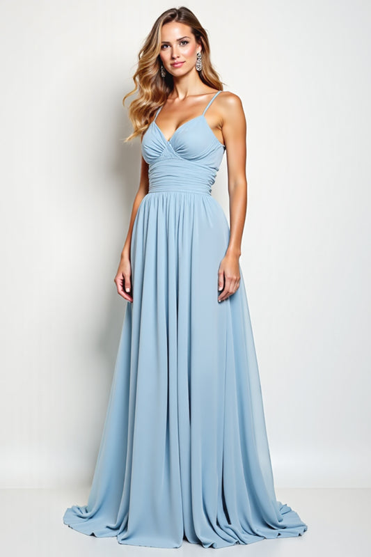 V-Neck Sky Blue Chiffon Long Bridesmaid Dress