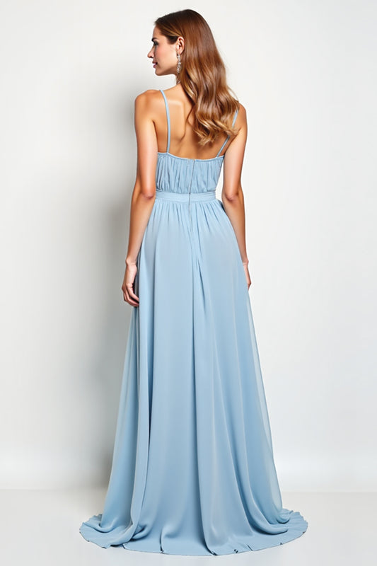 V-Neck Sky Blue Chiffon Long Bridesmaid Dress