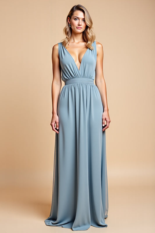 Dusty Blue Backless Deep V-Neck Long Bridesmaid Dress