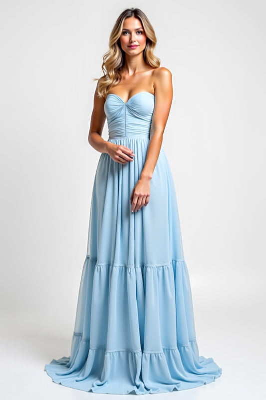 Strapless Sky Blue Long A Line Bridesmaid Dress