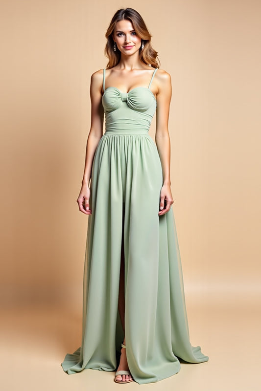 A Line Dusty Sage Long Chiffon Bridesmaid Dress