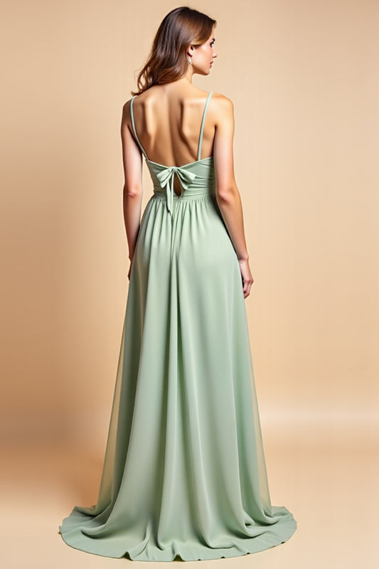 A Line Dusty Sage Long Chiffon Bridesmaid Dress