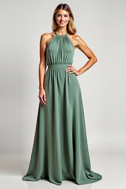 Eucalyptus Halter A Line Long Bridesmaid Dress