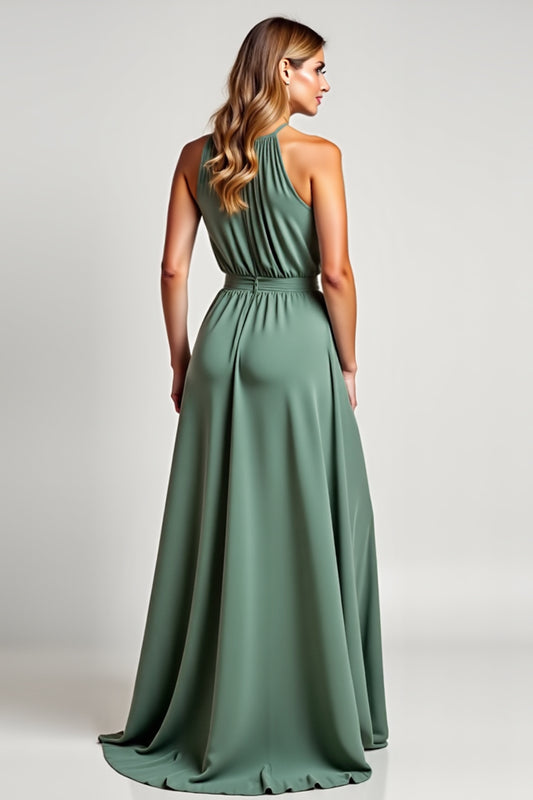 Eucalyptus Halter A Line Long Bridesmaid Dress