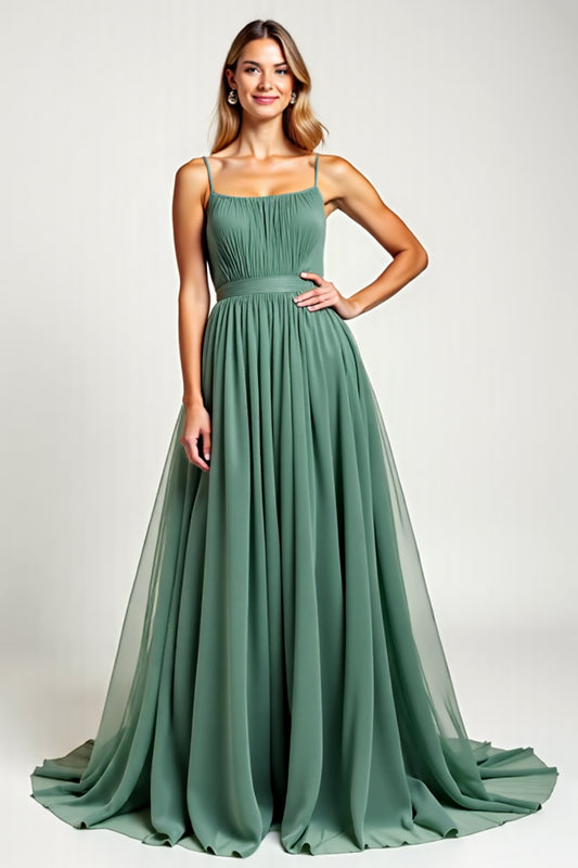 Eucalyptus Square Neck Chiffon Long Bridesmaid Dress