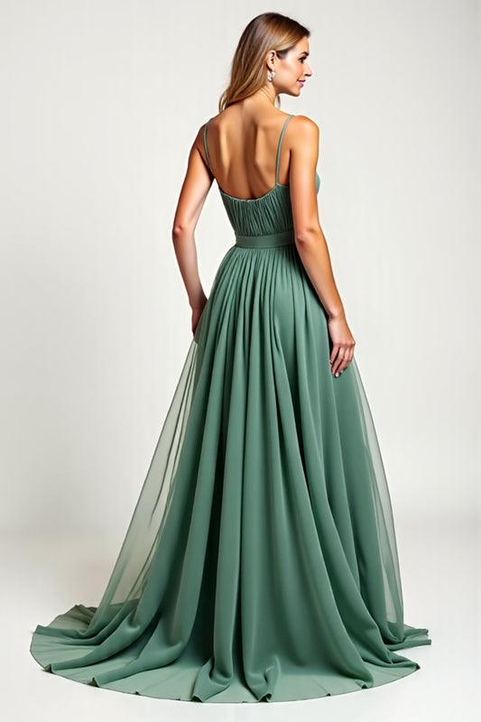 Eucalyptus Square Neck Chiffon Long Bridesmaid Dress