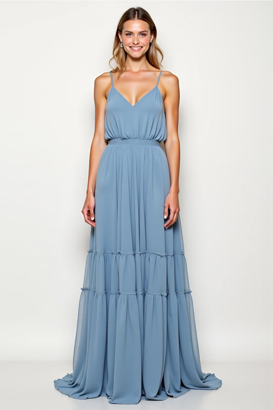 Dusty Blue Chiffon Backless Long Bridesmaid Dress