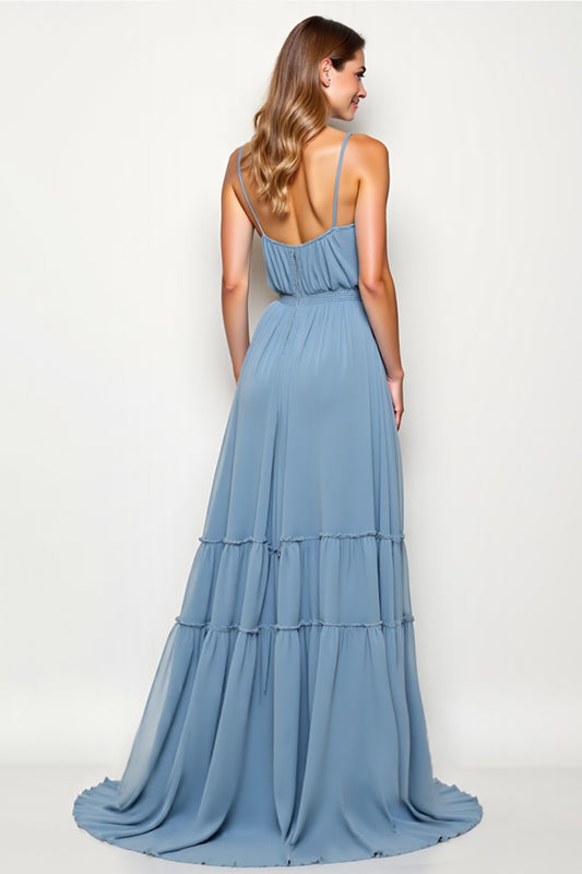 Dusty Blue Chiffon Backless Long Bridesmaid Dress