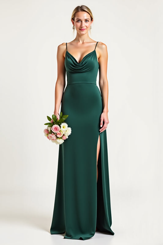Pine Sheath V-Neck Long Bridesmaid Dress with Slit