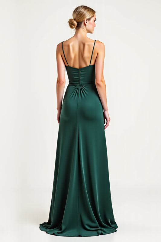 Pine Sheath V-Neck Long Bridesmaid Dress with Slit