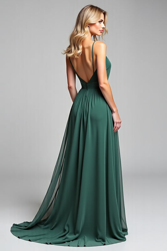 A Line Dark Green Long Deep V-Neck Bridesmaid Dress