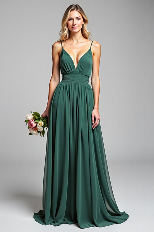 A Line Dark Green Long Deep V-Neck Bridesmaid Dress