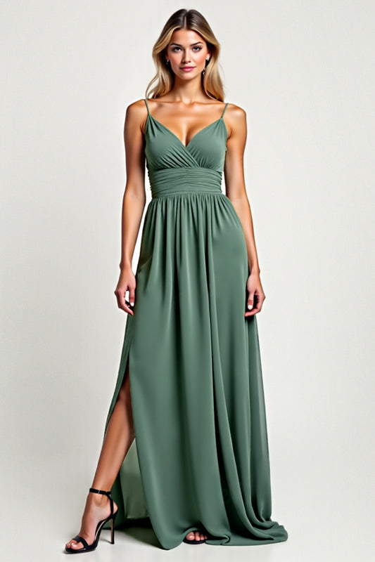 A Line Eucalyptus Chiffon Long Bridesmaid Dress with Slit