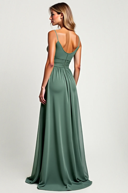 A Line Eucalyptus Chiffon Long Bridesmaid Dress with Slit
