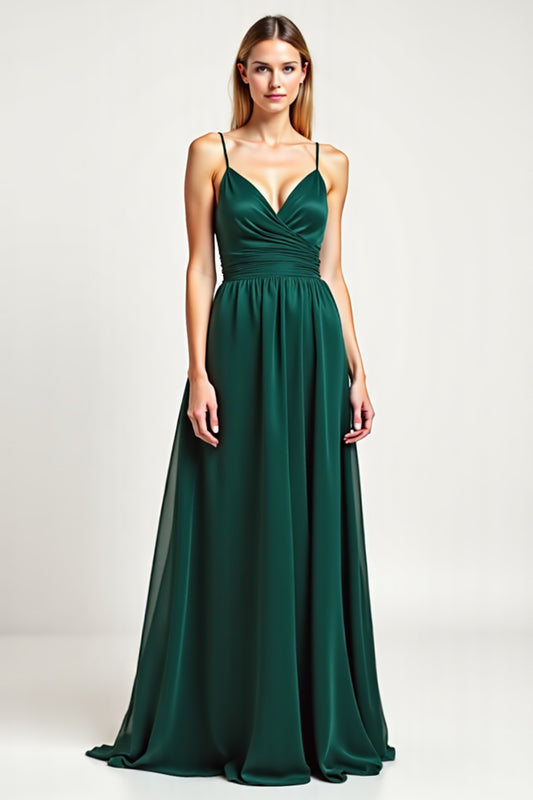 Pine Chiffon V-Neck Long Bridesmaid Dress