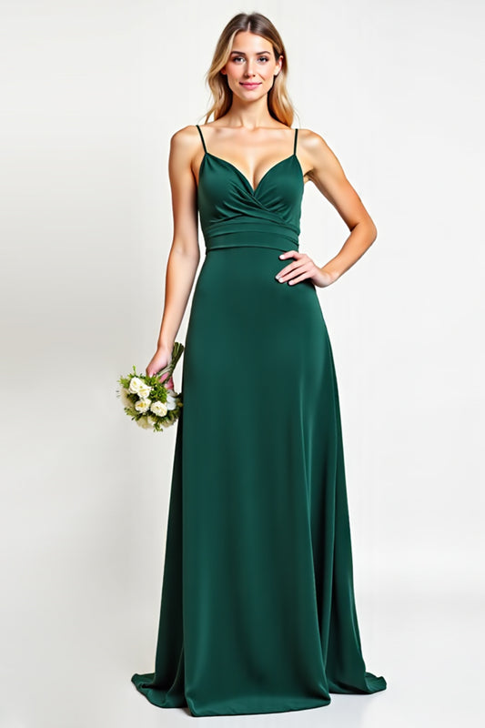 Spaghetti Straps Pine Backless Long Bridesmaid Dress