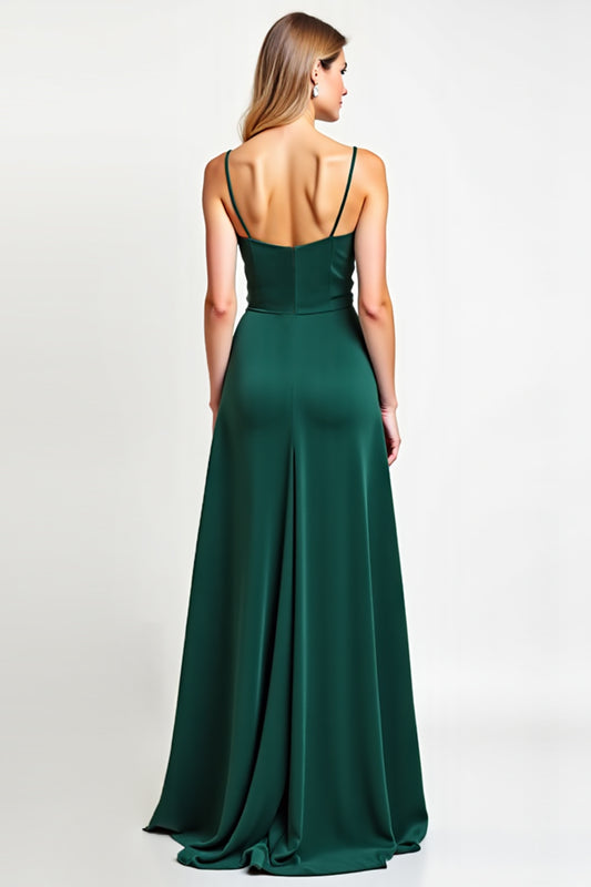 Spaghetti Straps Pine Backless Long Bridesmaid Dress
